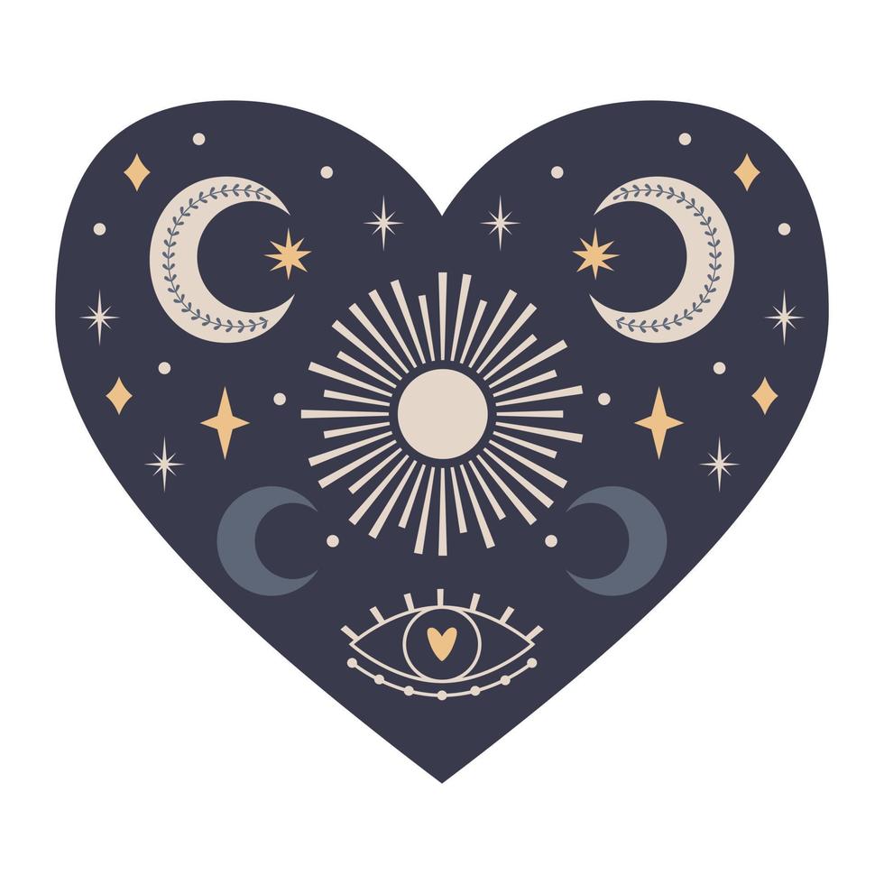 corazón místico simétrico con elementos celestiales y boho, luna, sol, estrellas, ojo. elemento decorativo para tarjetas de san valentín, diseño de embalaje. ilustración de vector de color aislado en blanco.