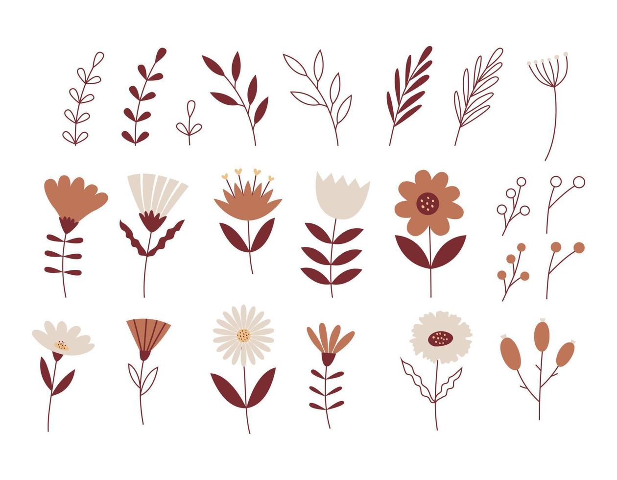 A set of simple flowers, twigs, leaves. Neutral beige colors. Botanical vector illustrations isolated on a white background.