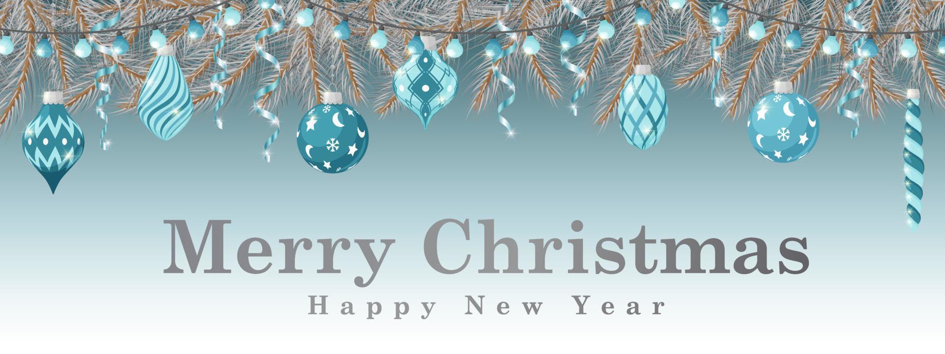 Christmas horizontal banner. Template with white fir branches, Christmas toys, streamers and garlands on a light blue background .Great for flyers, posters, headers. Vector illustration in flat style