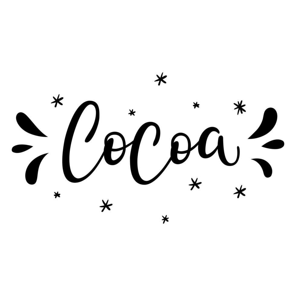 Hand lettering, a calligraphic font with the word Cocoa. The letters and decor are hand-drawn. Typographic Black-and-white illustration with words isolated on a white background. vector