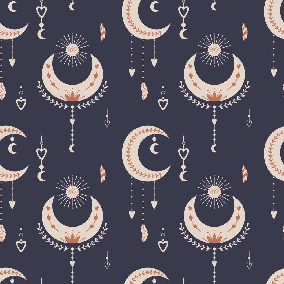 Vector seamless pattern with mystical celestial elements, crescent moon, dreamcatcher, sun, hanging feathers. Backdrop for wrapping paper, scrapbooking, fabric, textiles, wallpaper, pillows.