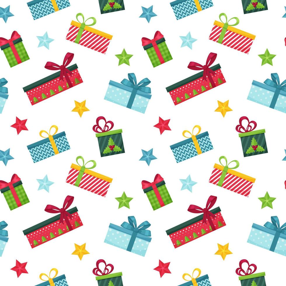 Bright seamless pattern with multi-colored gift boxes with bows on a white background. Great for wrapping paper. Flat objects are isolated and hidden under a mask. Easy to edit. Vector illustration