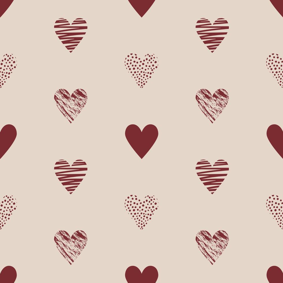 Vector Seamless pattern with simple textured, hatched hearts for Valentine's day. Beige background. Great for wrapping paper, textiles, fabric, T-shirts and scrapbooking.