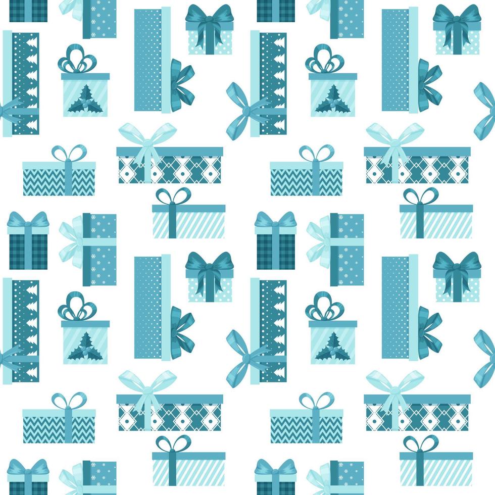 Seamless pattern with gift boxes with bows in blue tones on a white background. Great for wrapping paper. Flat objects are isolated and hidden under a mask. Easy to edit. Vector illustration