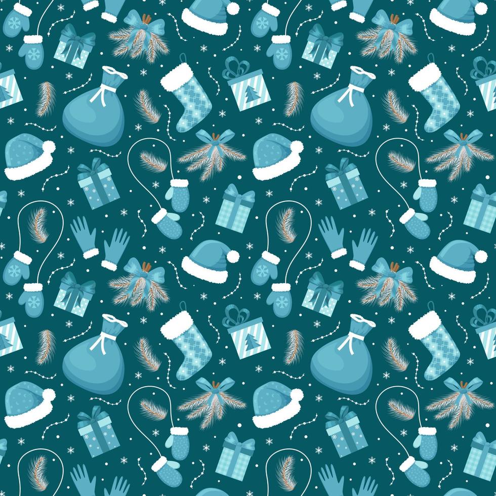 Seamless pattern with Christmas elements in blue tones on a dark blue background. Great for wrapping paper, gift boxes. Flat objects isolated and hidden under a mask. Easy to edit. Vector illustration