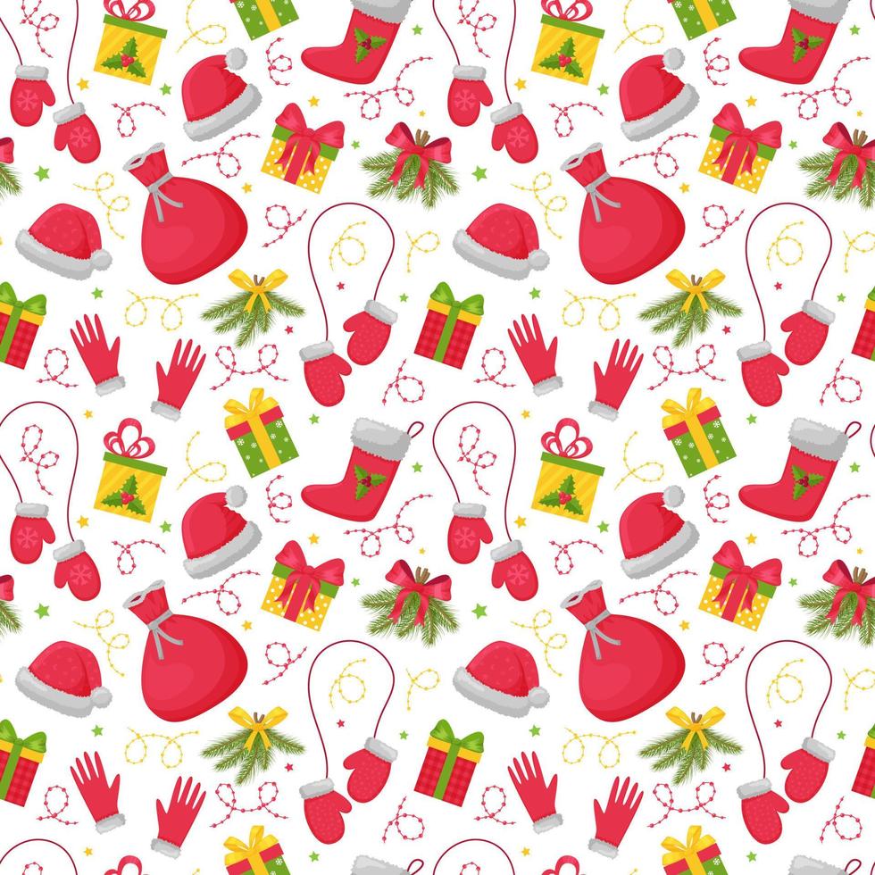Seamless pattern with bright Christmas elements on a white background. Great for wrapping paper, gift boxes. Flat objects are isolated and hidden under a mask. Easy to edit. Vector illustration