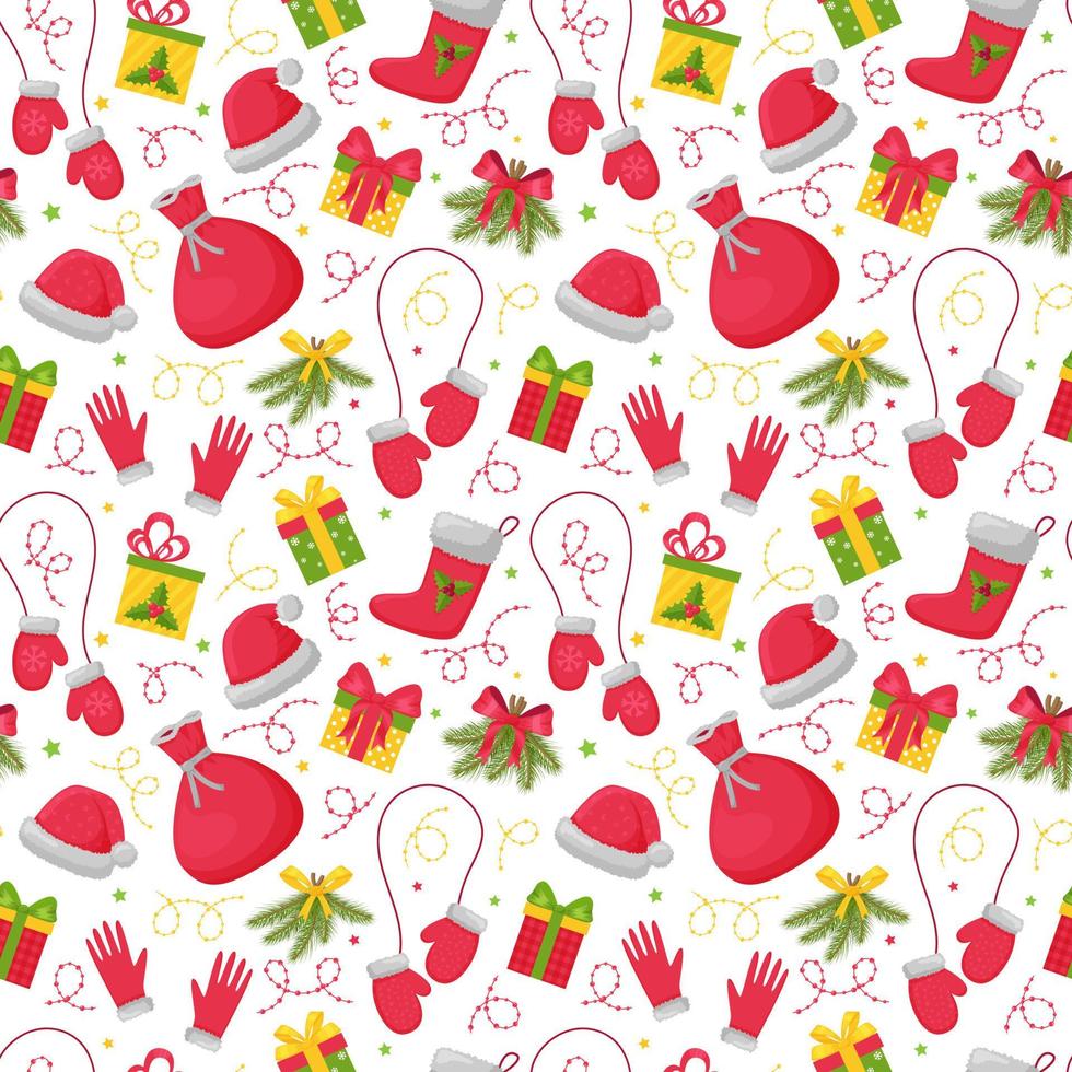 Seamless pattern with bright Christmas elements on a white background. Great for wrapping paper, gift boxes. Flat objects are isolated and hidden under a mask. Easy to edit. Vector illustration