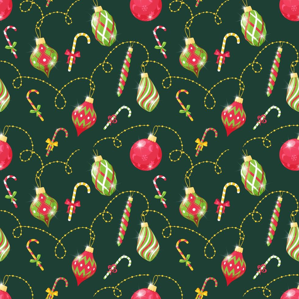 Seamless pattern with Christmas tree toys and candy canes on a dark green background. Great for wrapping paper. Flat objects are isolated and hidden under a mask. Easy to edit. Vector illustration