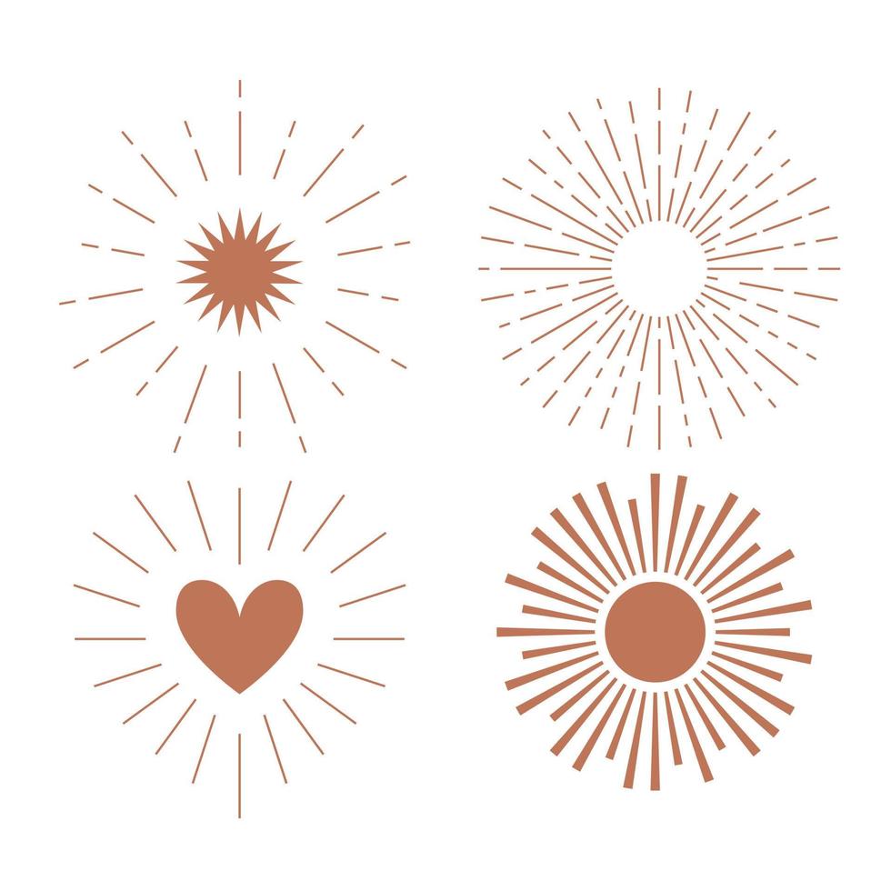 un conjunto de diferentes soles con rayos. elementos celestiales boho. ilustraciones vectoriales aisladas en un fondo blanco. vector