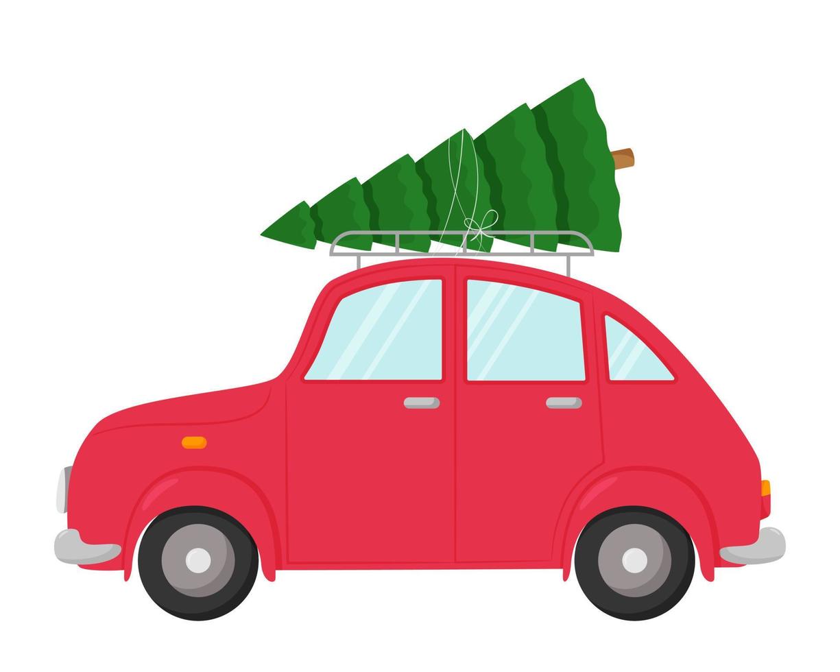 coche con un árbol de navidad en el techo. ilustración en un estilo plano aislado en un fondo blanco. elemento de diseño de año nuevo y navidad. vector