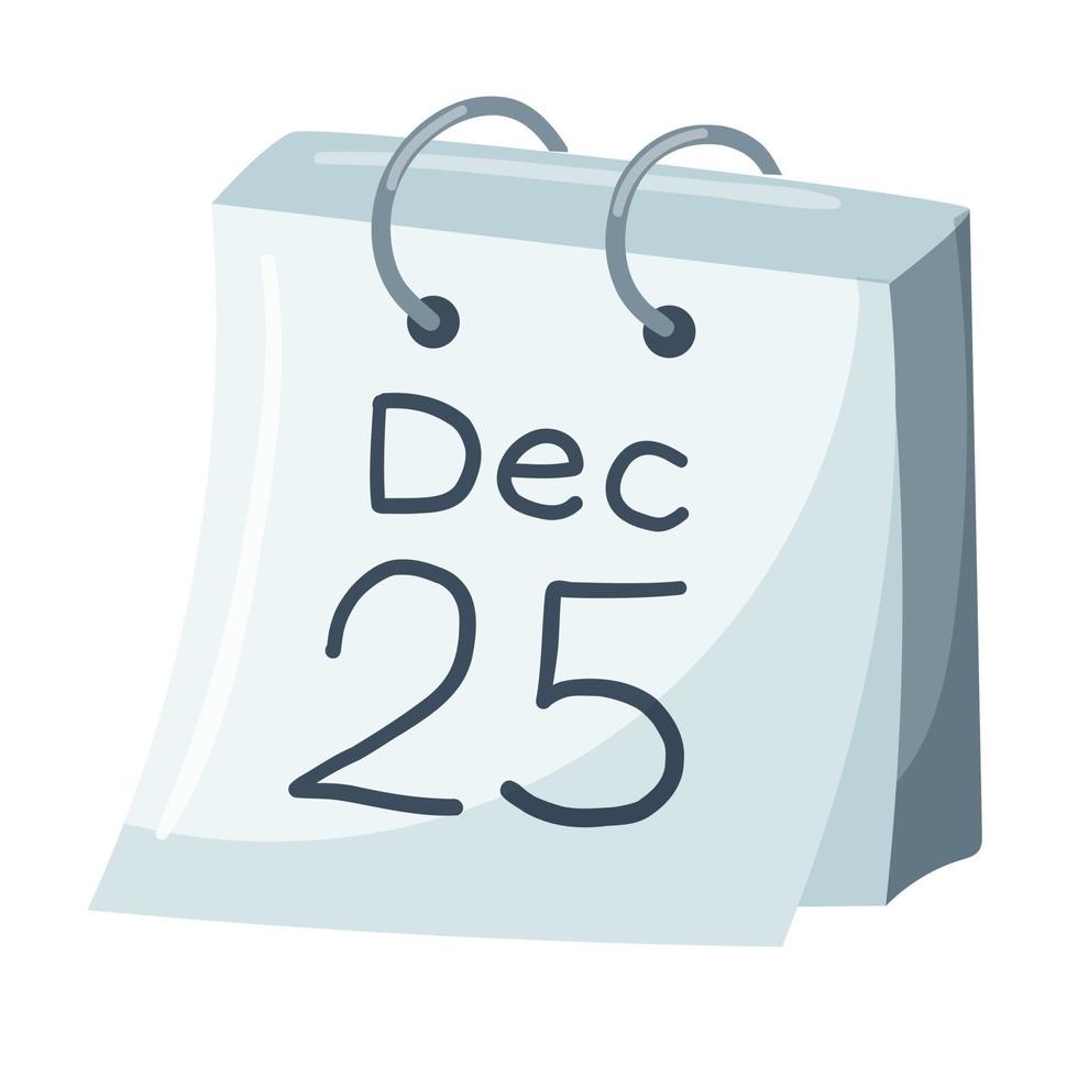 A tear-off calendar with a date of December 25. Christmas Eve. The design element is hand drawn in a flat cartoon style is isolated on a white background. Color vector illustration.