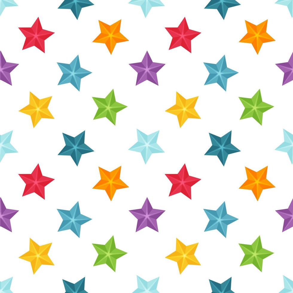 Bright seamless pattern with multi-colored stars on a white background. Great for wrapping paper, gift boxes, fabric. Flat - style objects are isolated and hidden under a mask. Vector illustration.