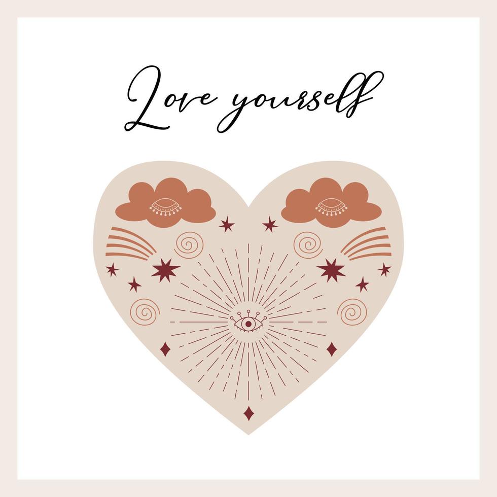Square symmetrical postcard with the sun and rays, stars, closed eyes on the heart shape. Mysterious, mystical, boho, celestial symbols. Love yourself. Inspiring poster. Vector on a white background.