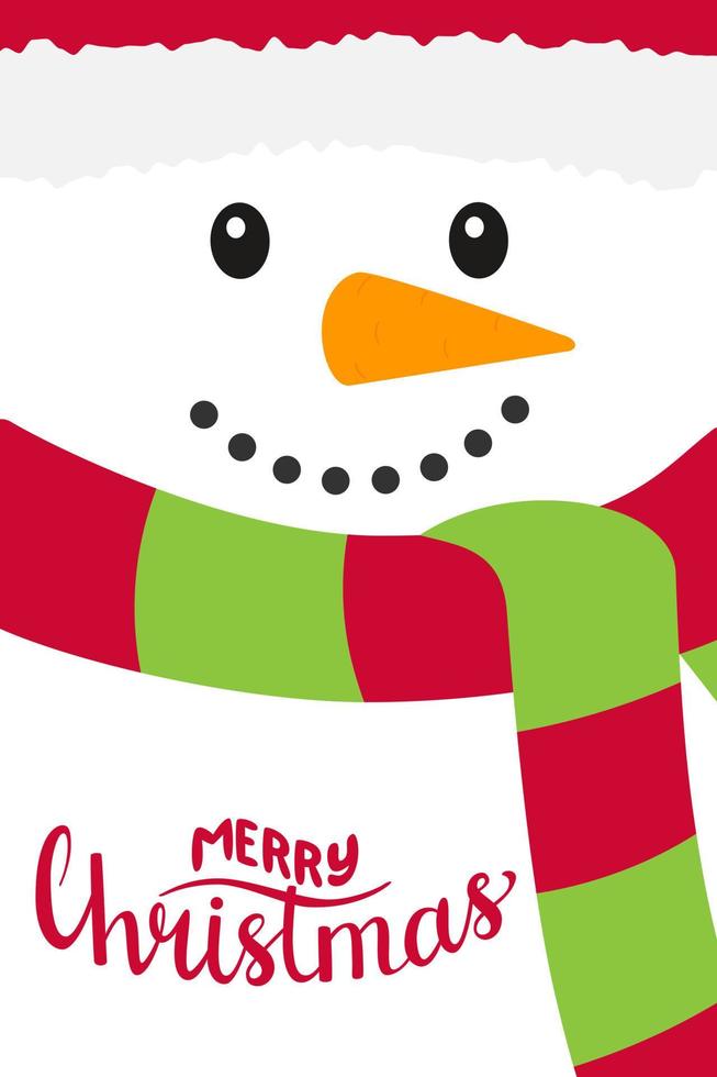 plantilla para año nuevo vertical, tarjeta de felicitación navideña con las palabras feliz navidad. muñeco de nieve con bufanda. concepto de una tarjeta de estilo plano con elementos y símbolos de navidad. vector