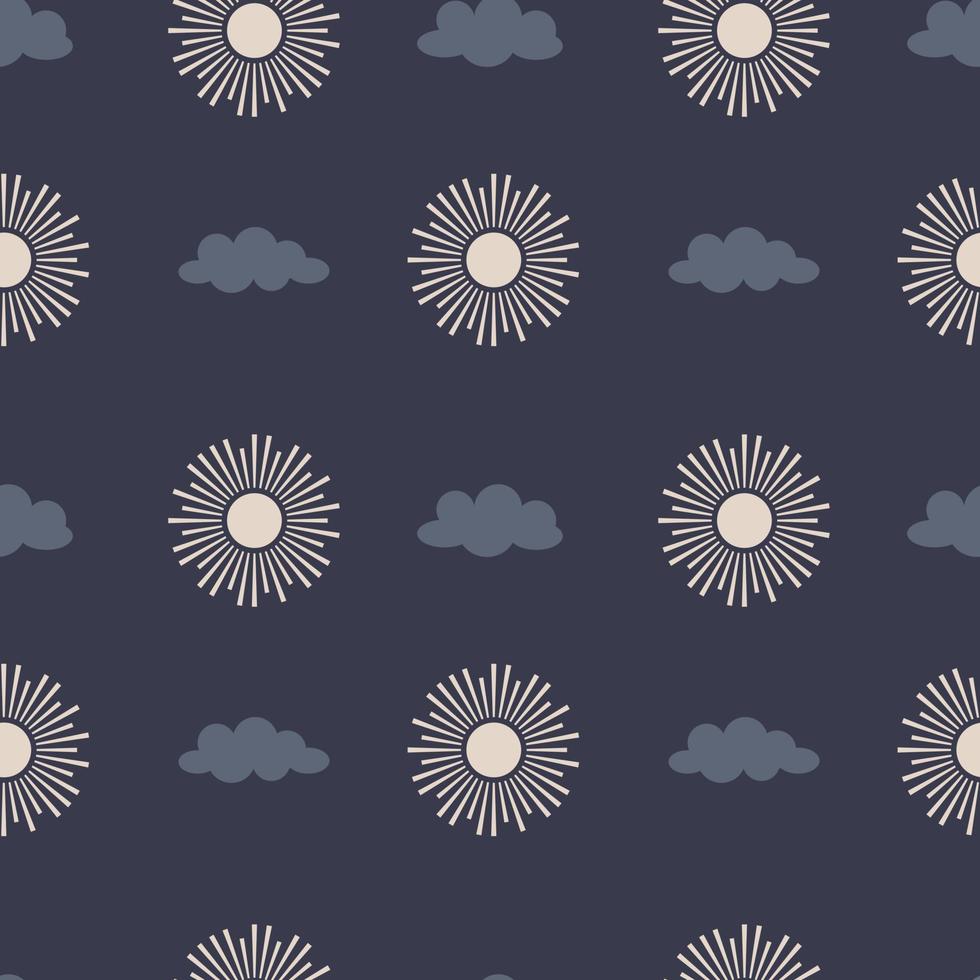 Vector Seamless pattern with simple celestial elements, sun, cloud. Minimalistic backdrop on a dark blue background. Great for wrapping paper, textiles, fabric, scrapbooking and pillows.