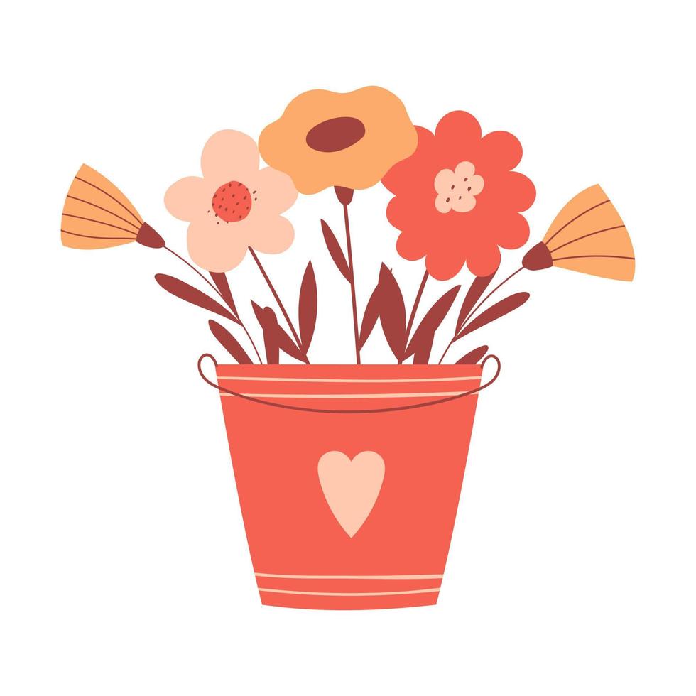 Flower arrangement, bouquet in a bucket with heart. Botanical composition with cute sinple flowers in cartoon style. Color vector illustrations isolated on a white background.