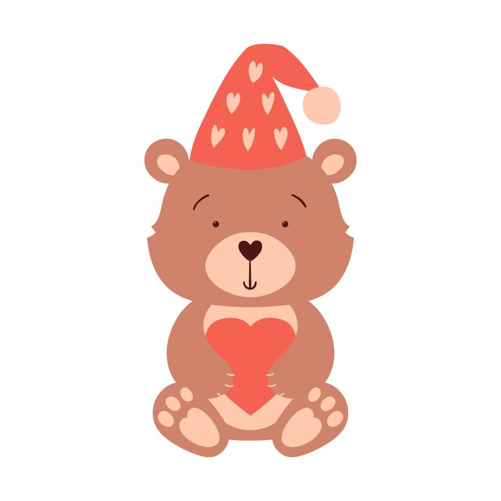 A cute bear in a hat sits and holds a heart in its paws. A cartoon-style character, a decorative element for Valentine's day cards. Color vector illustration isolated on a white background.