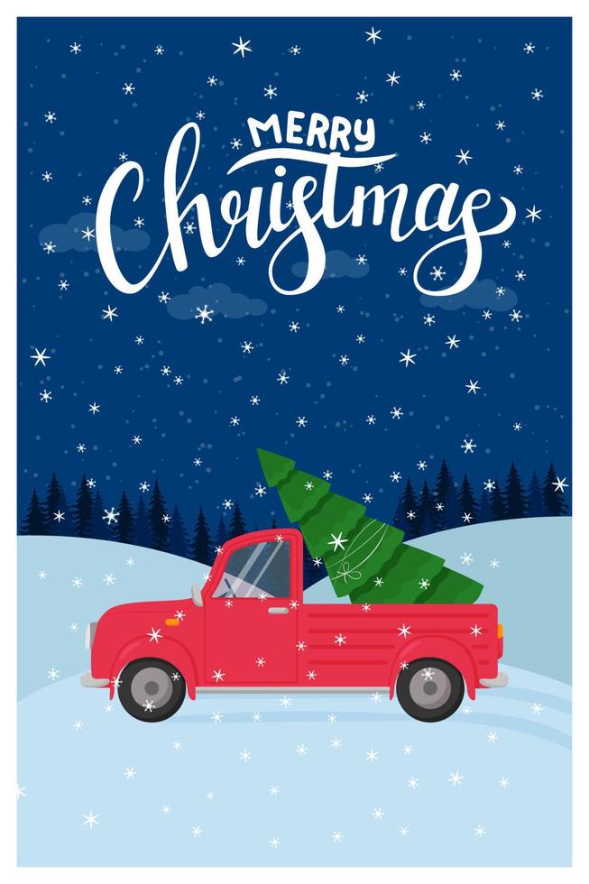 Template for a new year, Christmas greeting card with a handwritten inscription Merry Christmas. Truck with a Christmas tree on the background of snow drifts and forests. Concept. Flat. Cartoon vector