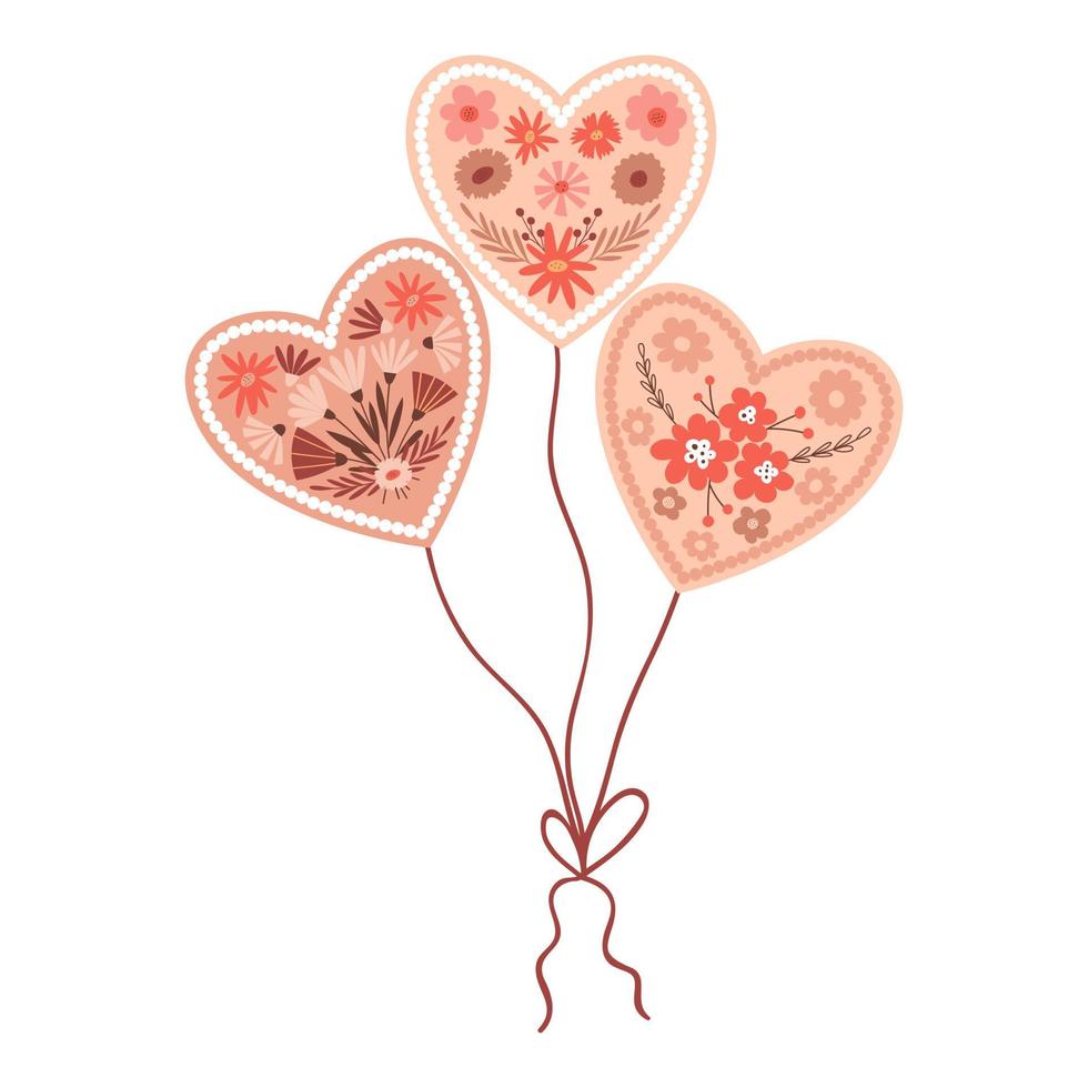 Balloons with Flower heart in boho style. Valentine card with floral elements for Valentine's Day. A symbol of love. Vector illustration isolated on a white background.