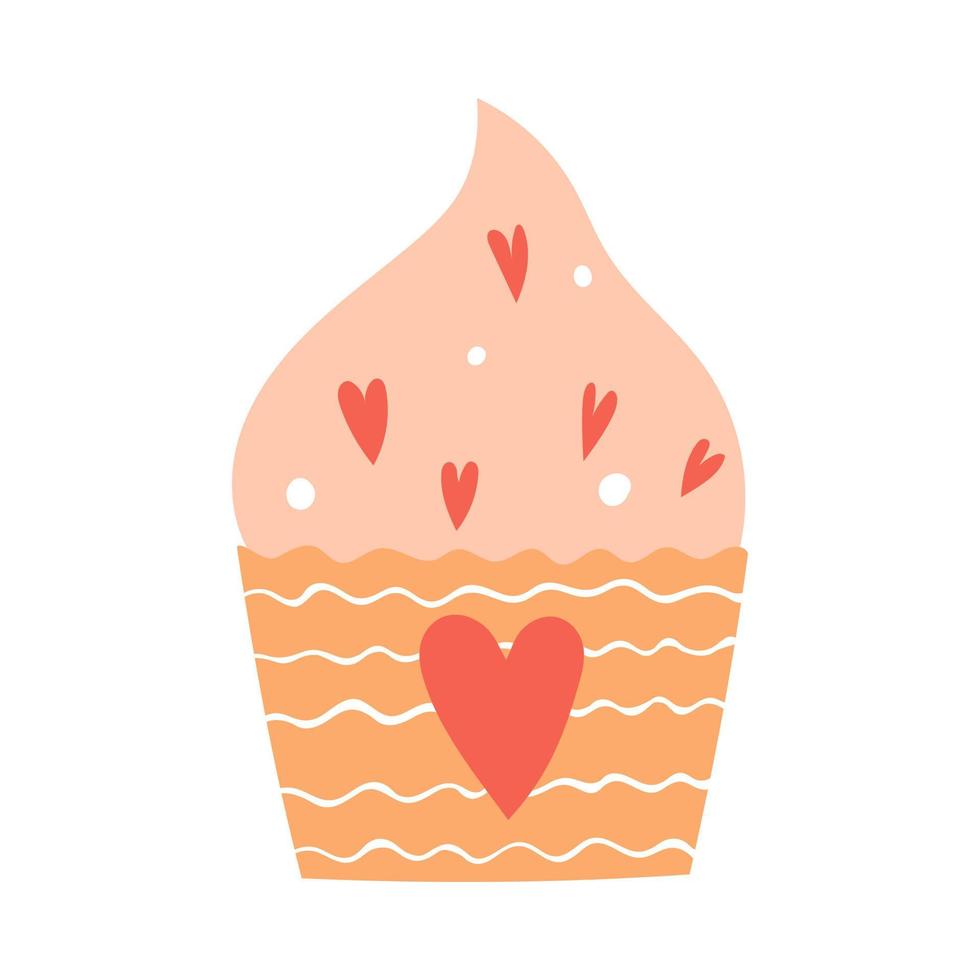 Cupcake with cream with sprinkles and hearts. Sweet food, pastries. A decorative element for Valentine's Day. Simple flat color vector illustration isolated on white background.