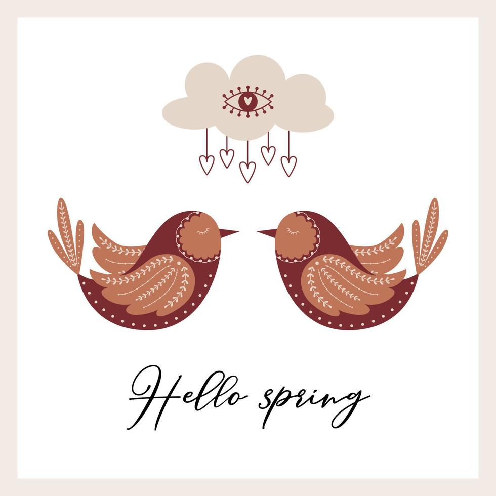 A square postcard with birds in Scandinavian style and a mystical cloud with an open eye symbol and hearts. Hello spring. A card with boho elements. Color vector illustration on a white background.