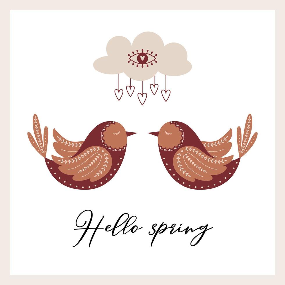 una postal cuadrada con pájaros de estilo escandinavo y una nube mística con un símbolo de ojos abiertos y corazones. Hola primavera. una tarjeta con elementos boho. ilustración vectorial de color sobre un fondo blanco. vector