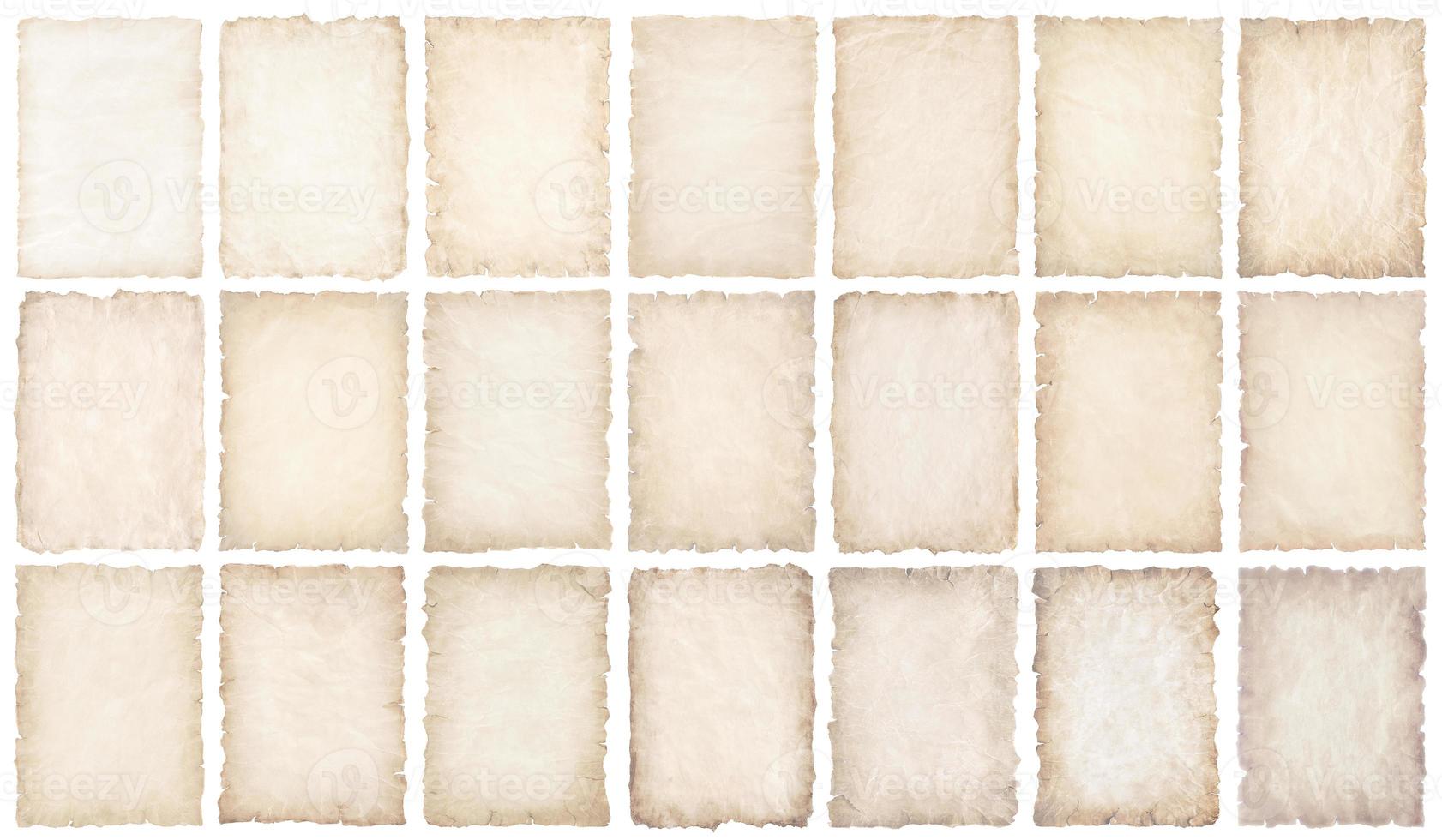 collection set old parchment paper sheet vintage aged or texture isolated on white background photo