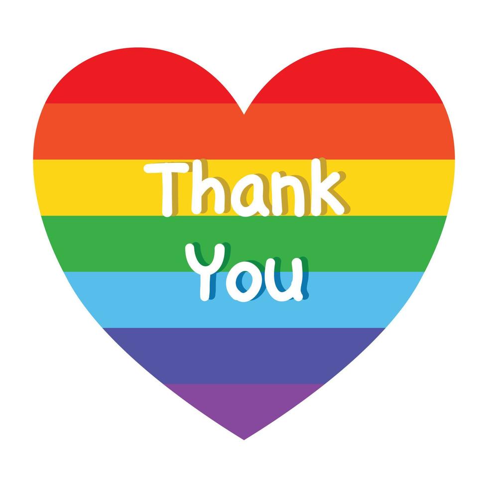 la palabra gracias. icono de forma de corazón de arco iris sobre fondo blanco. vector