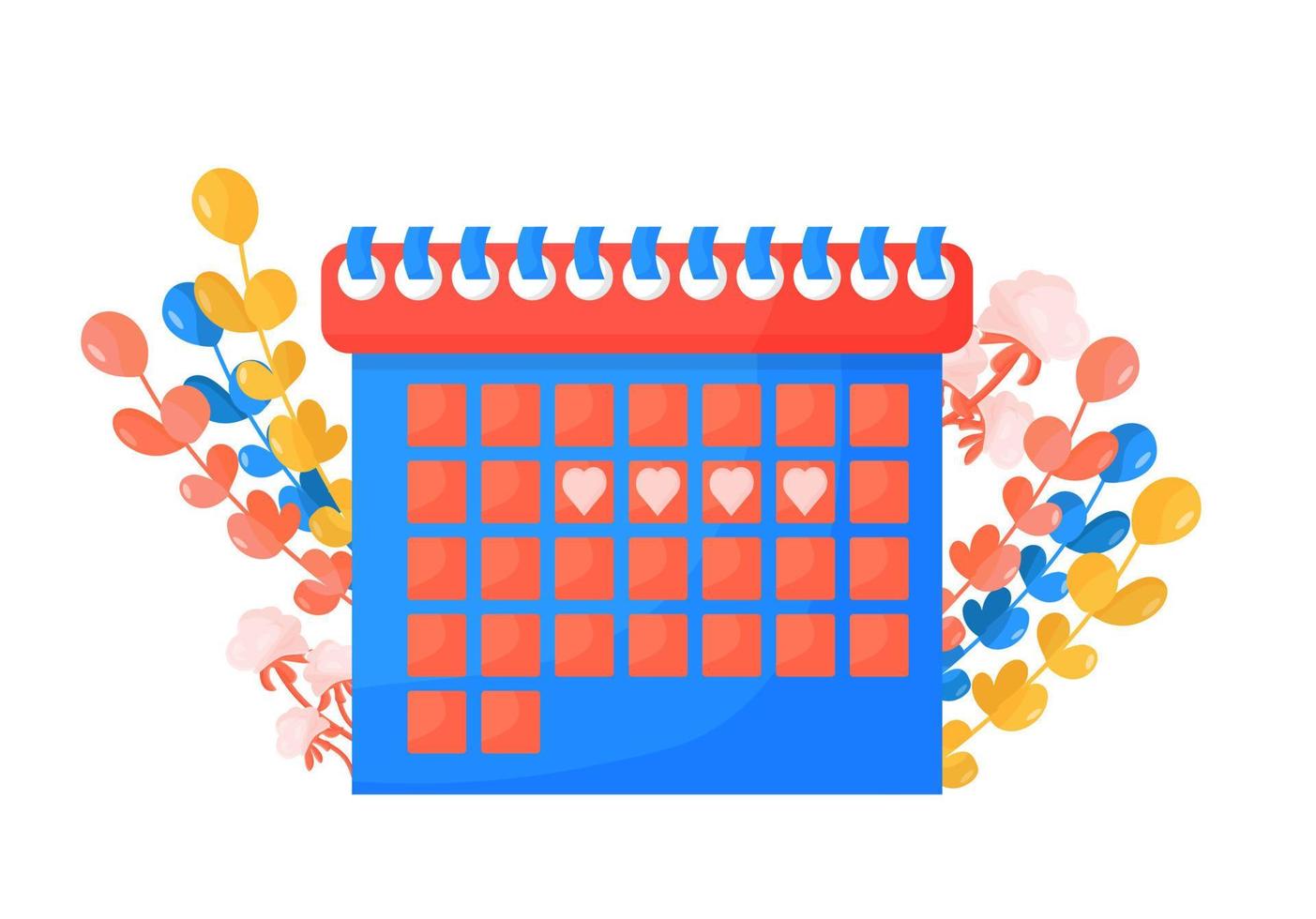 Calendar of the female menstrual cycle, ovulation check. The concept of monthly women's days. Calendar with botanical elements, eucalyptus branches, cotton. Vector illustration in cartoon style
