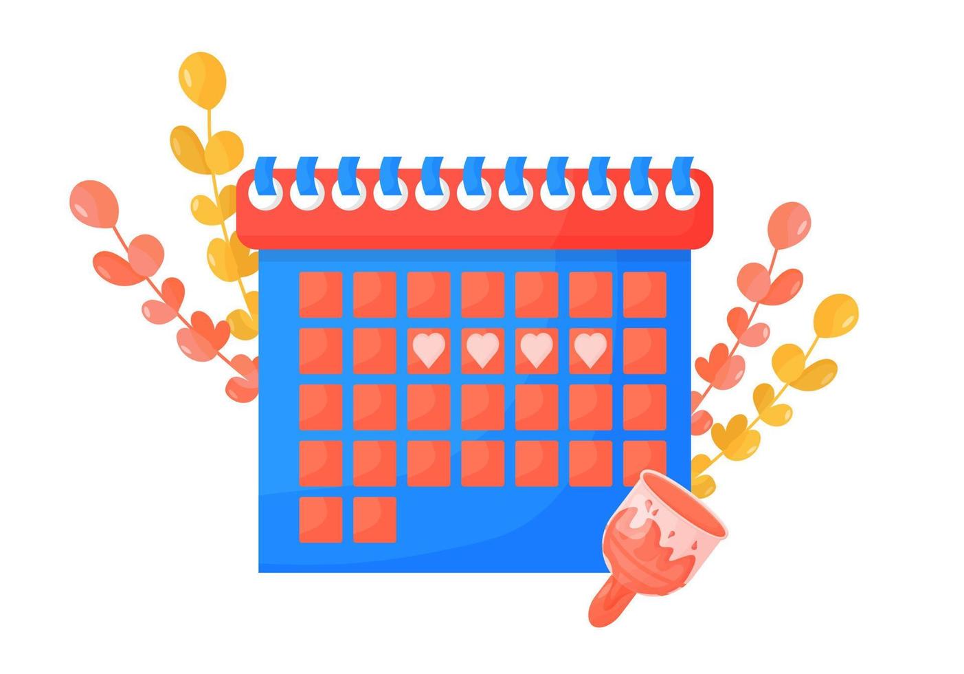 calendario del ciclo menstrual femenino, control de ovulación. el concepto de días mensuales de la mujer. calendario con elementos botánicos, ramas de eucalipto, algodón. ilustración vectorial en estilo de dibujos animados vector