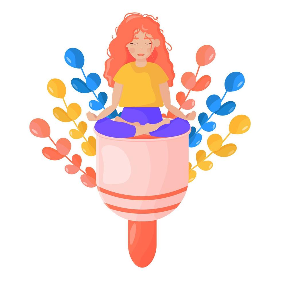 Female menstrual cycle. The concept of monthly women's days. Personal hygiene products in an ecological style with zero waste. Girl is sitting on a menstrual cup with botanical elements. vector