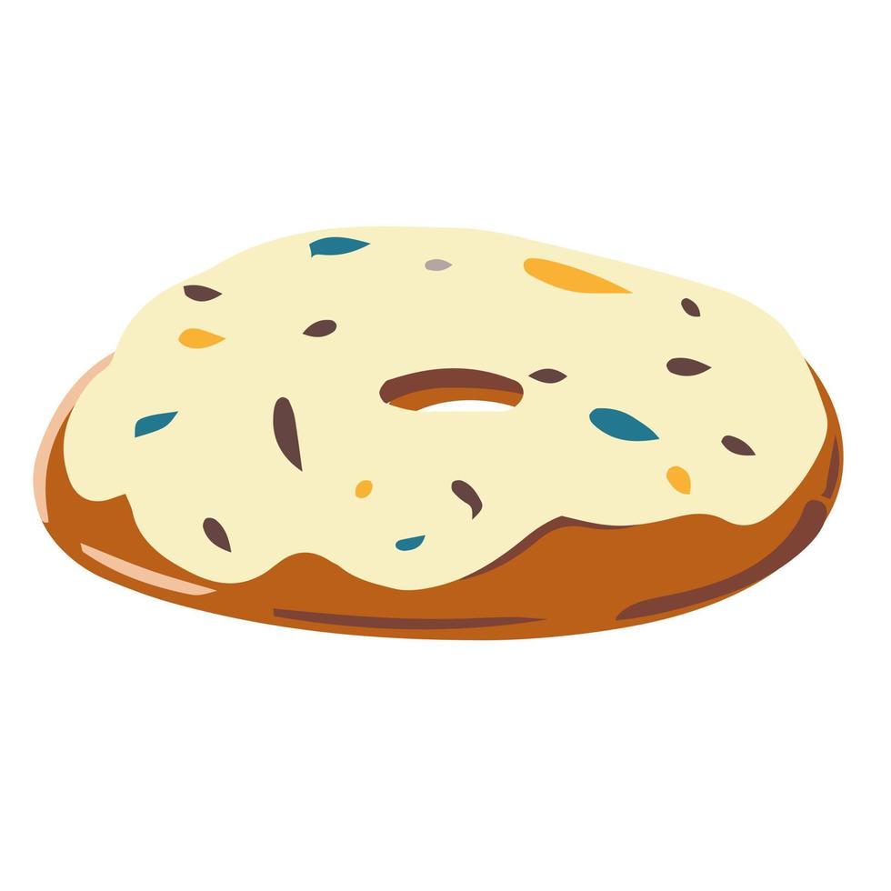 donut con glaseado y chispas de chocolate, confitería en polvo, panadería, barra de chocolate, piezas aisladas, leche y chocolate blanco. ilustración de dibujos animados, diseño moderno. imagen vectorial, impresión vector