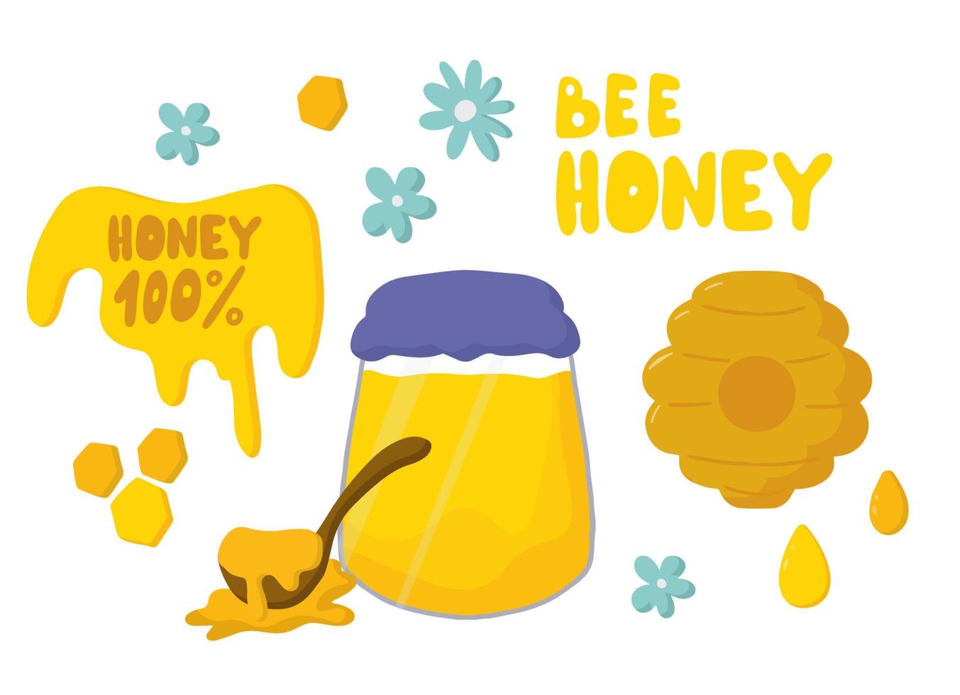 Vector honey jar, wooden spoon, bee honey, blue flowers. Cartoon, flat style. Use for postcards, T-shirt printing, for children, advertising, brochures, stationery.