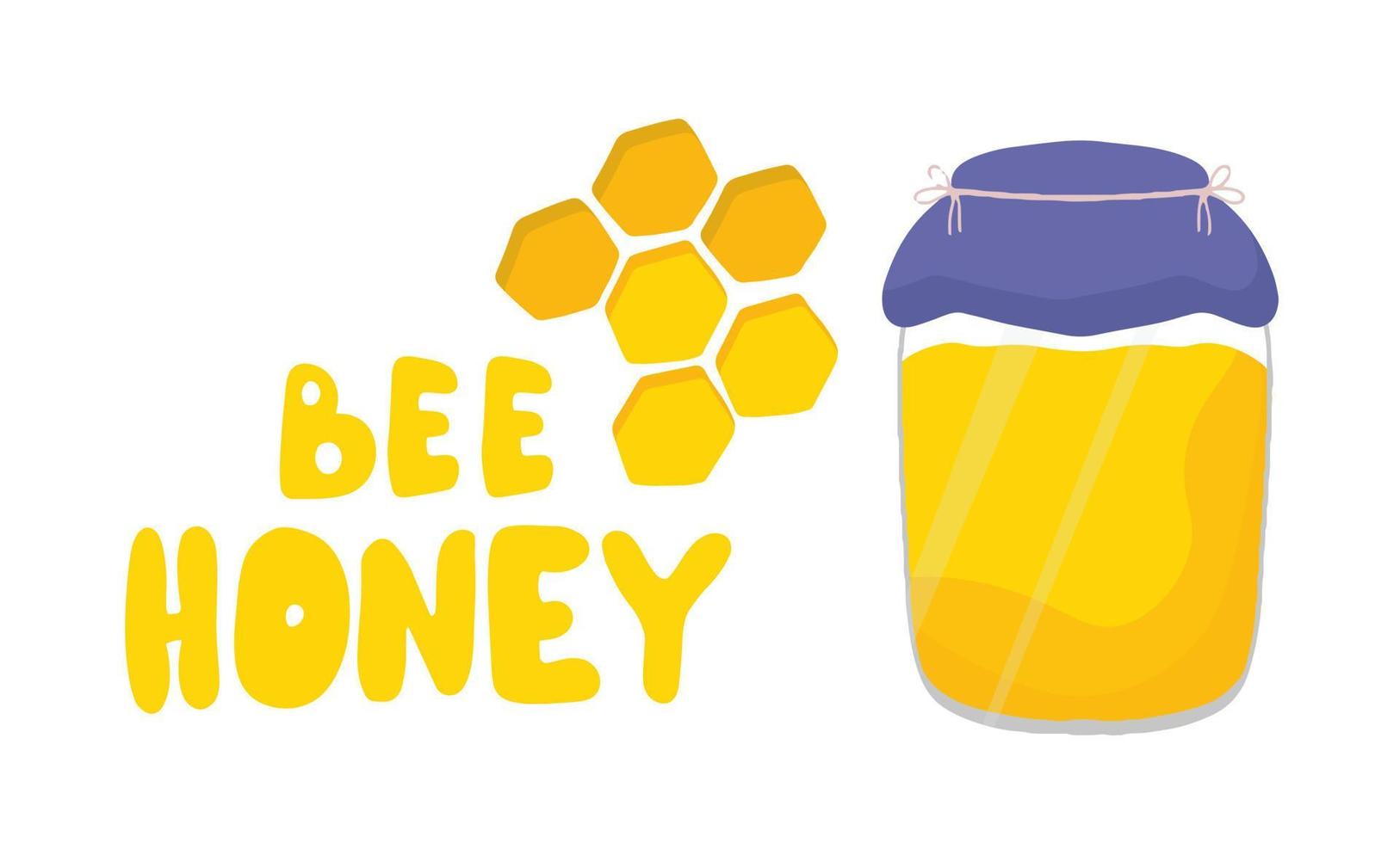 Beautiful poster, banner with jar full of honey. Honeycomb lettering inscription honey. Vector images in a cartoon, flat style. Hand-drawn illustrations. The concept of collecting and selling honey