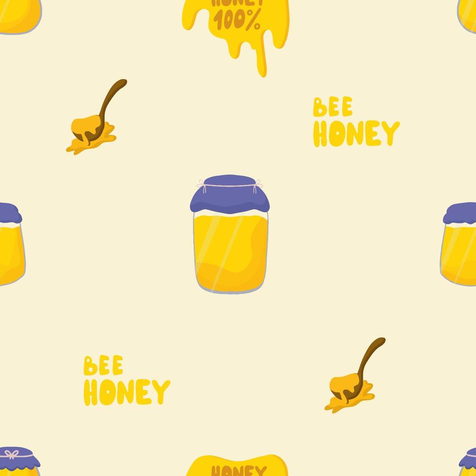 Seamless vector pattern of honey jar, wooden spoon, lettering 100 honey, honey streaks. Cartoon, flat style. Use for postcards, T-shirt printing, for children, advertising, brochures, stationery.