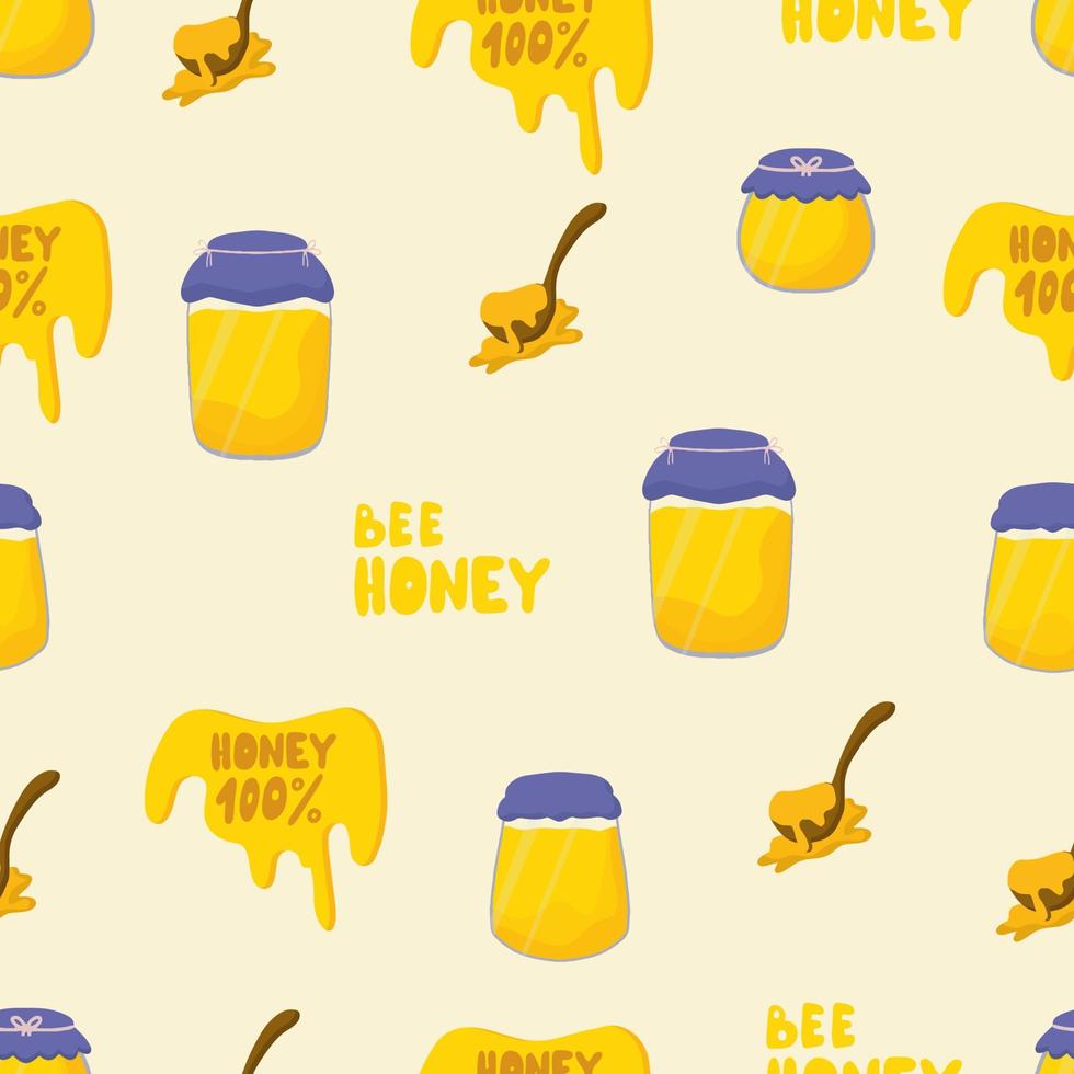 Seamless vector pattern of honey jar, wooden spoon, lettering 100 honey, honey streaks. Cartoon, flat style. Use for postcards, T-shirt printing, for children, advertising, brochures, stationery.