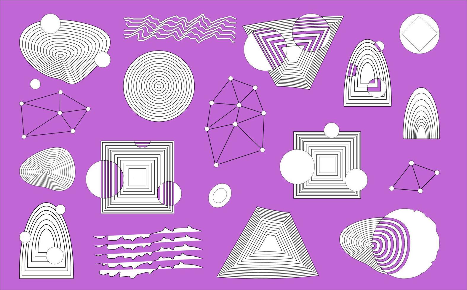 Vector set of futuristic element of cybernetic grids. Retro-style digital element, various geometric illustration, polar grid, circles, squares, vibrations, gravity. Cyberpunk in the style of the 80s.