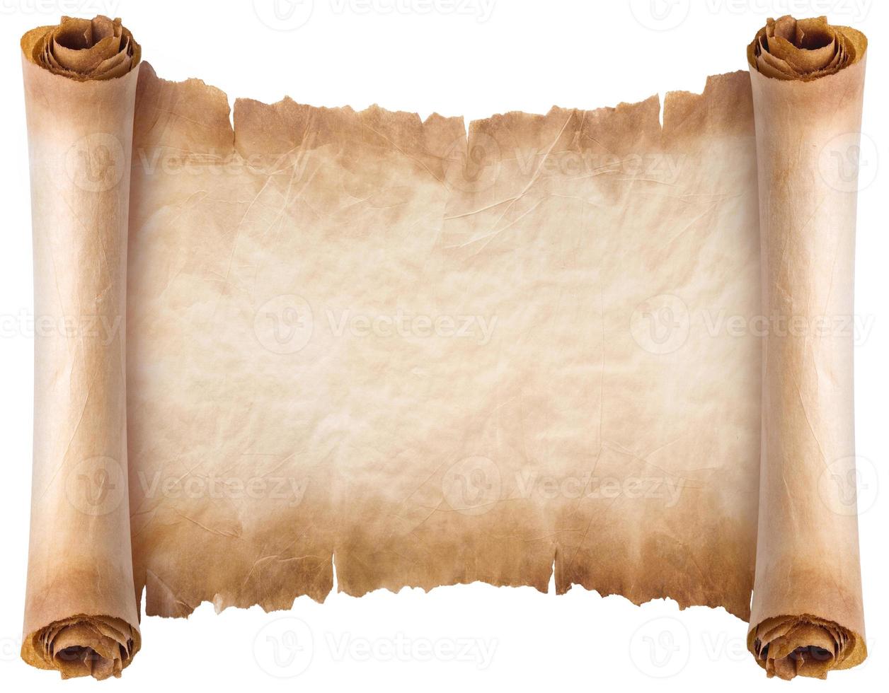 old parchment paper scroll sheet vintage aged or texture isolated on white background photo