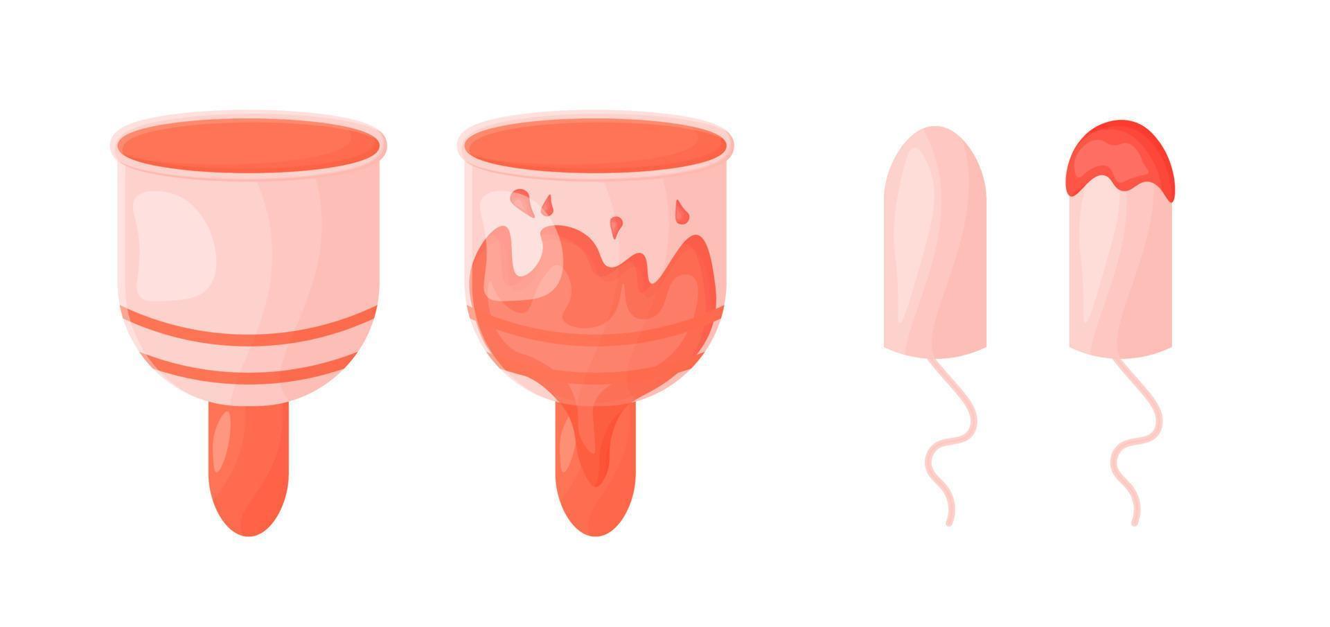 The female menstrual cycle. The concept of monthly women's days. Personal hygiene products the menstrual cup is empty and full, tampons are clean and dirty. Vector illustration in cartoon style