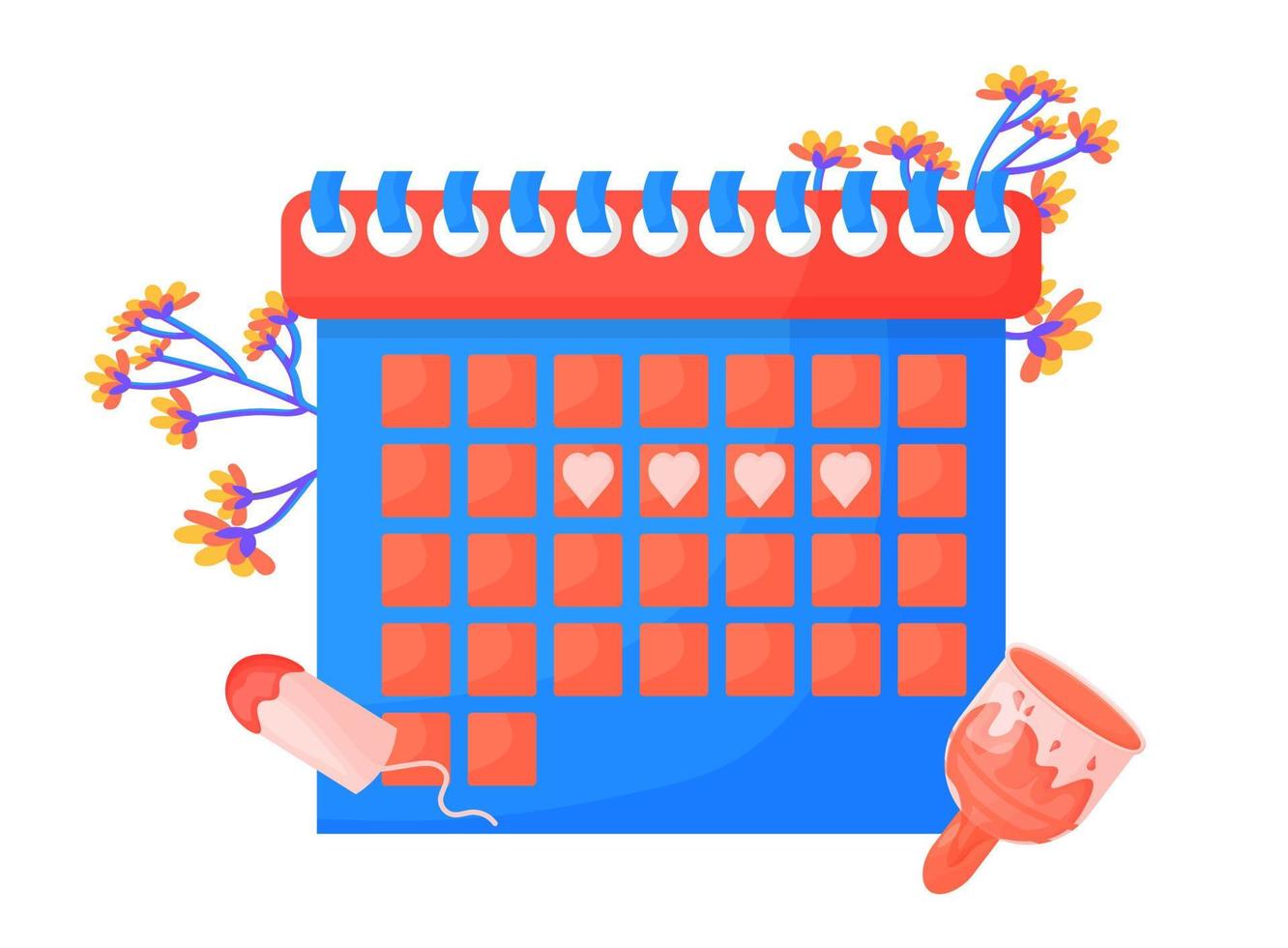 calendario del ciclo menstrual femenino, control de ovulación. el concepto de días mensuales de la mujer. calendario con elementos botánicos, ramas de eucalipto, algodón. ilustración vectorial en estilo de dibujos animados vector