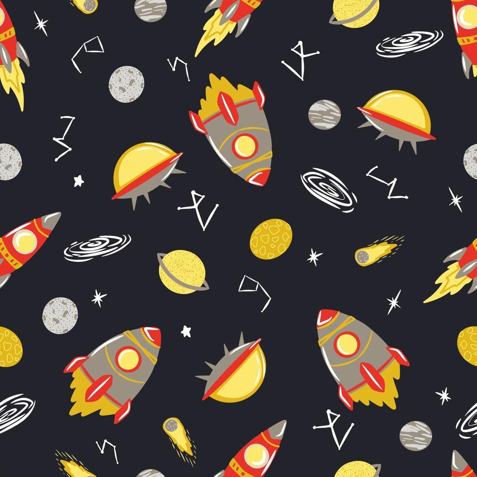 Seamless pattern with Space. Space background for children. Cartoon Rockets. Constellation, Black hole. Vector seamless template, Print