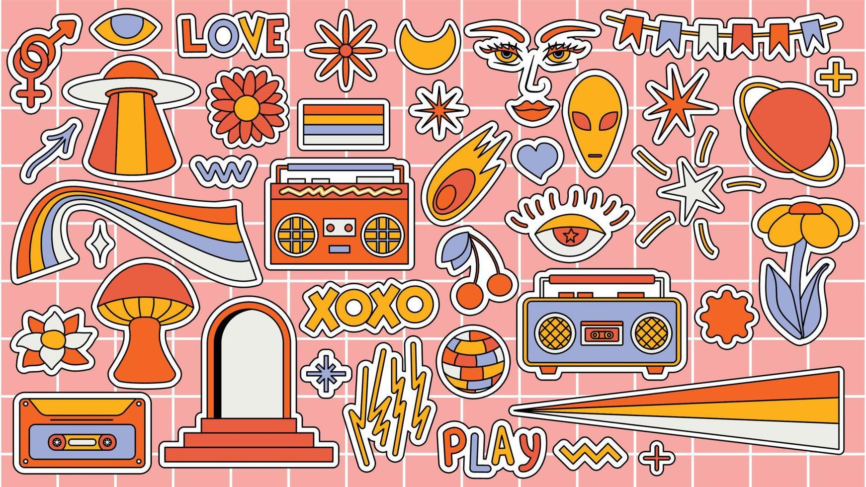 Set of hipster retro cool psychedelic elements. Collection stickers of groovy cliparts from the 70s 60s. Collage with trendy pop vibe with funky design element. Abstract background of cartoon sticker vector