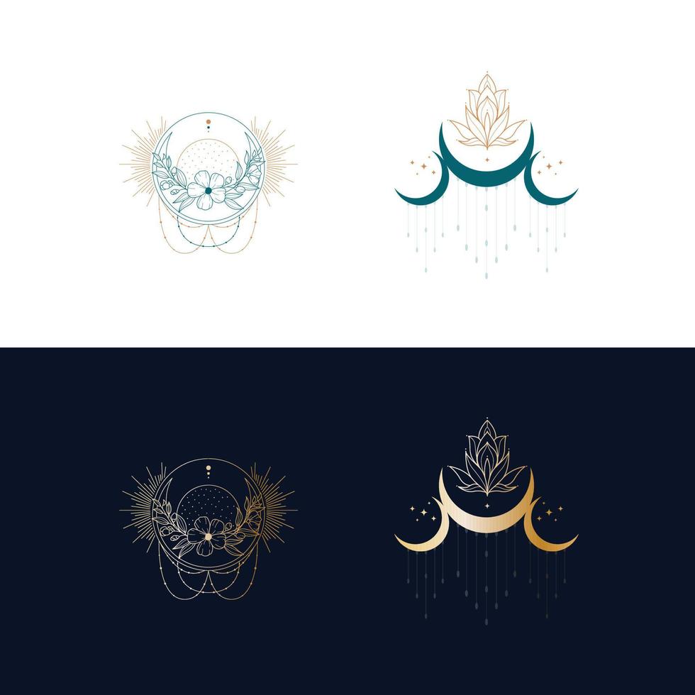 Vector logos and icons. set  Elegant crescent and star logo design line icon vector in luxury style outline linear. Premium boutique, jewelry, wedding salon emblem logo design set.