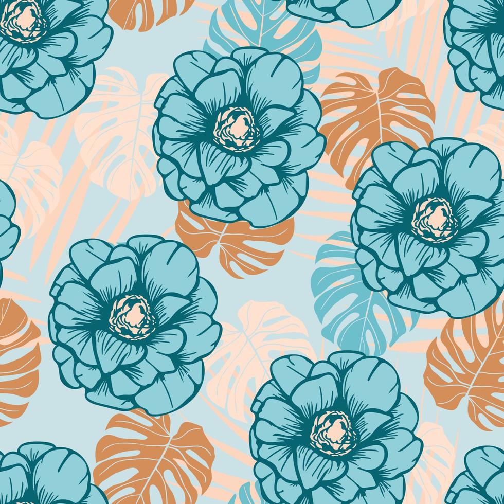 Beautiful tropical flowers and leaves pattern design. Good for prints, wrapping, textile, and fabric. Hand-drawn background. Botanic Tile. Surface pattern design. vector