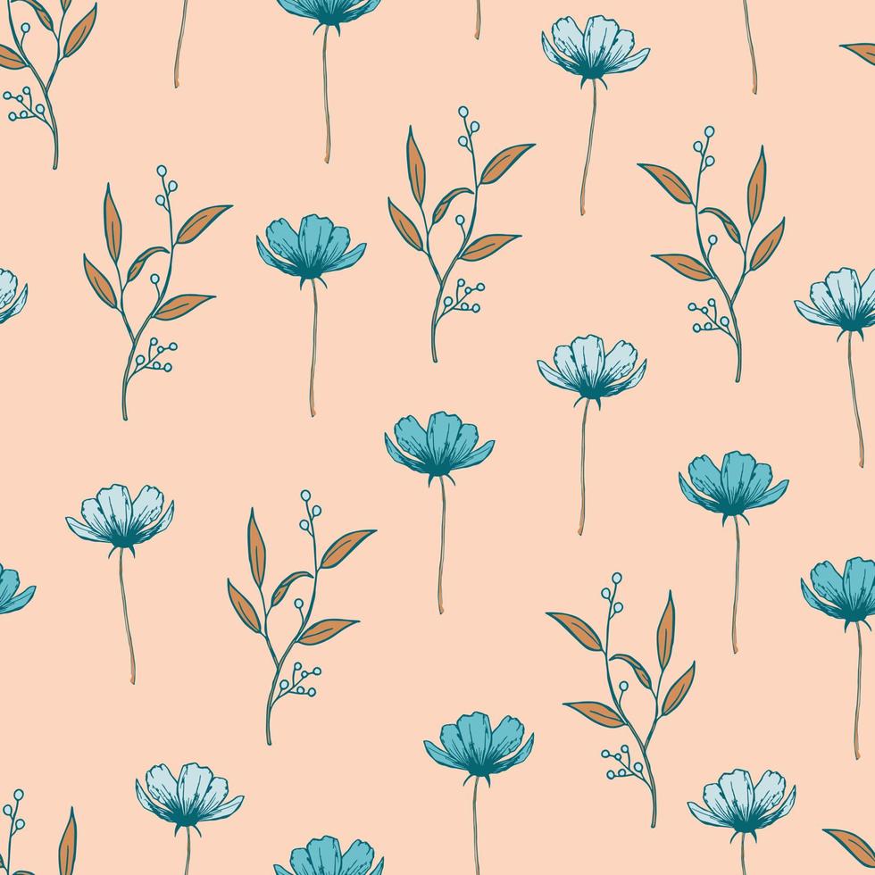 Modern wildflowers seamless pattern design. Seamless pattern with spring flowers and leaves. Hand-drawn background. floral pattern for wrapping paper or fabric. Botanic Tile. vector