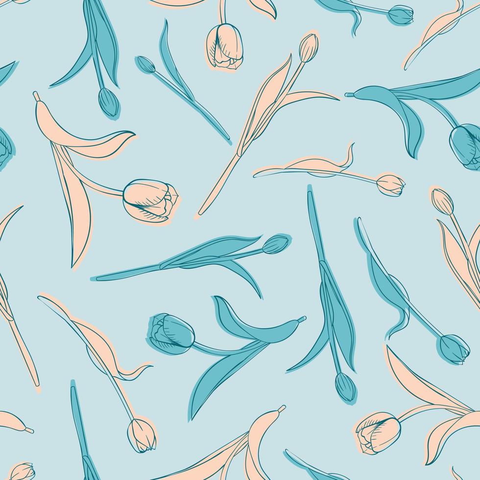 Beautiful tulip flowers and leaves pattern design. Good for prints, wrapping, textile, and fabric. Hand-drawn background. Botanic Tile. Surface pattern design. vector