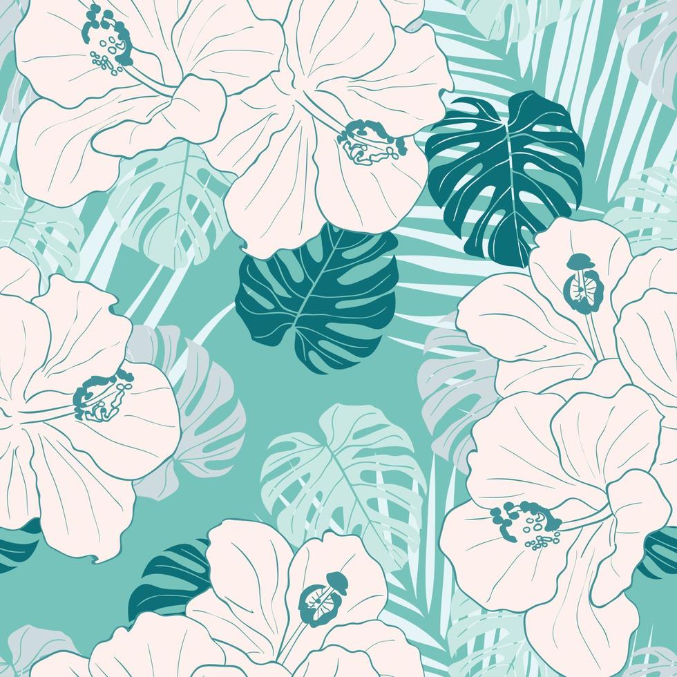 Hibiscus flowers and leaves seamless pattern background. Tropical nature wrapping paper or textile design. Beautiful print with hand-drawn exotic flower. vector