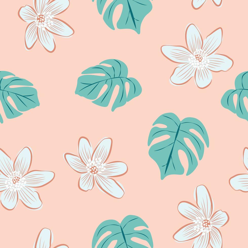 Hibiscus flowers and leaves seamless pattern background. Tropical nature wrapping paper or textile design. Beautiful print with hand-drawn exotic flower. vector