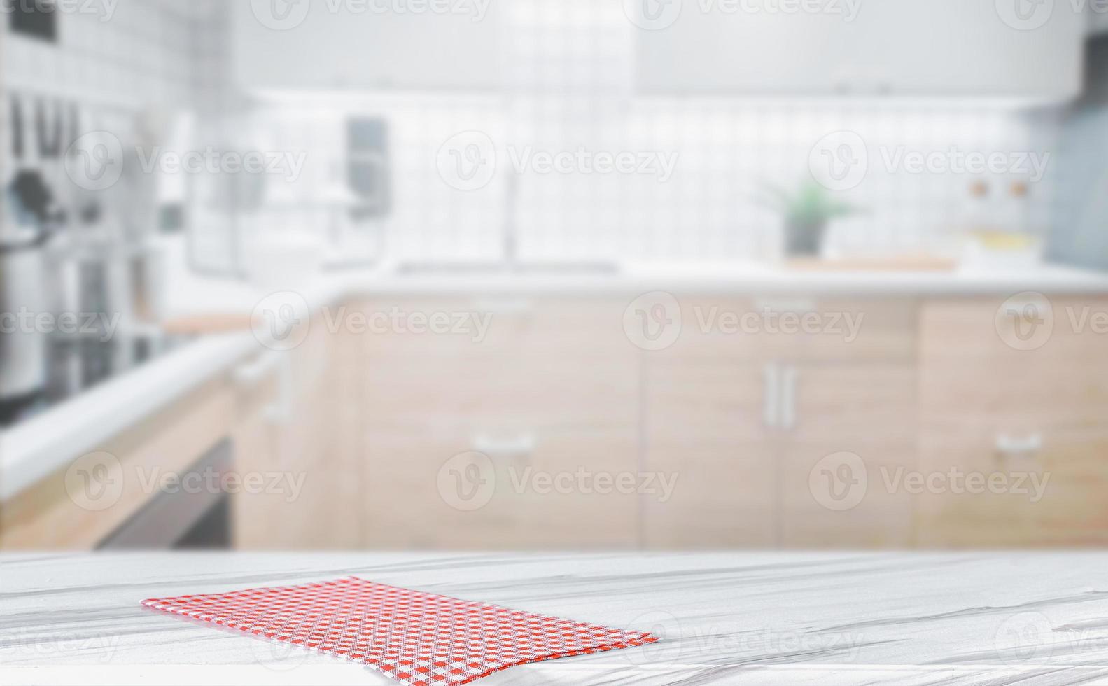 White marble texture table top on blurred kitchen background for montage or display your products photo