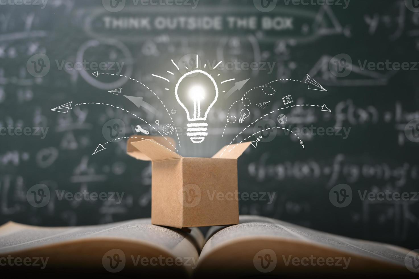 think outside the box on school green blackboard . startup  education concept. creative idea. leadership. photo
